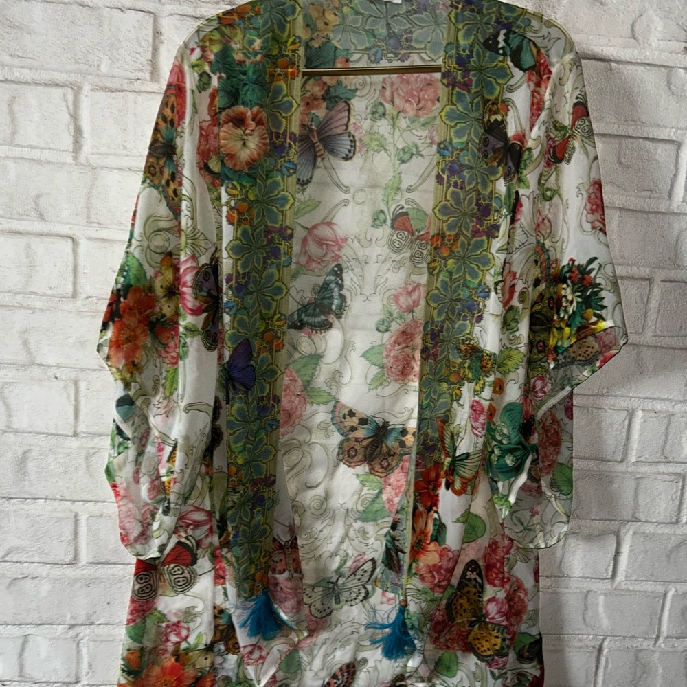 Johnny Was Holly Printed Silk Short Kimono Coverup - Picture 4 of 7